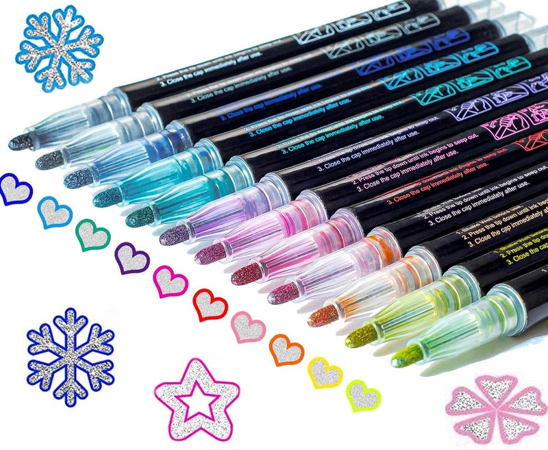 KOUSICOO Glitter Markers Self Outline Pens Metallic: 12 Shimmer Tween Teen Girl Gifts Trendy Stuff,Drawing Art Supplies Kids 6-8 9-12 10-12,Arts Crafts Kids Ages 8-12 Year Old,Cute Cool Fun Crafts Girls 8-12 - Image 1